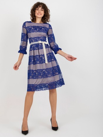 Cobalt midi cocktail dress with lace and binding