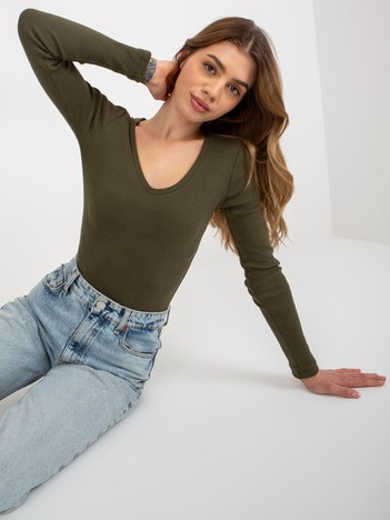 Khaki fitted basic blouse with stripe